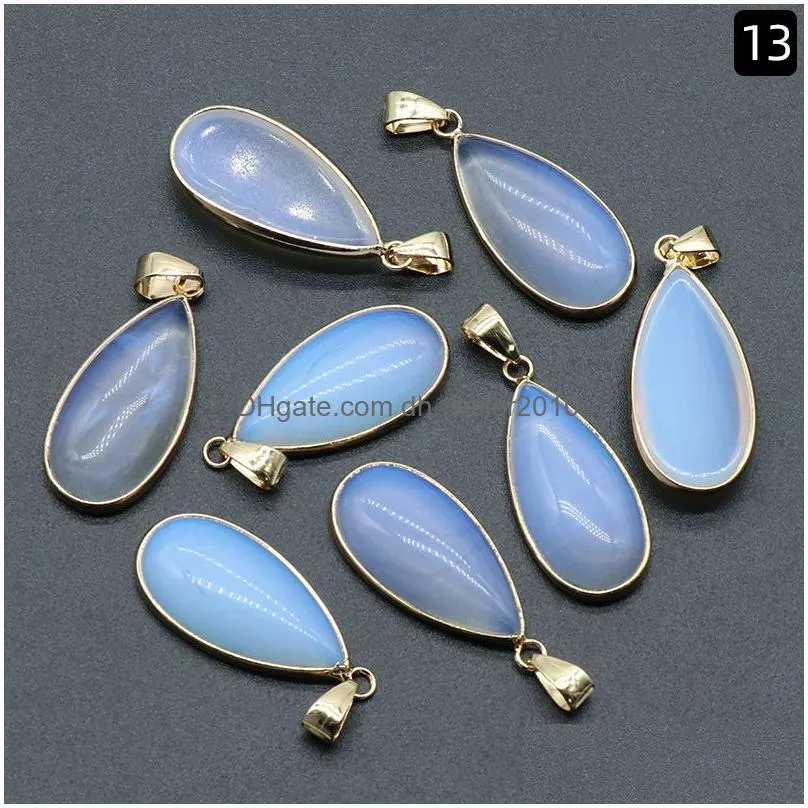 natural crystal stone gold plated water drop aventurine rose quartz tigers eye opal agate pendants diy necklace jewelry making