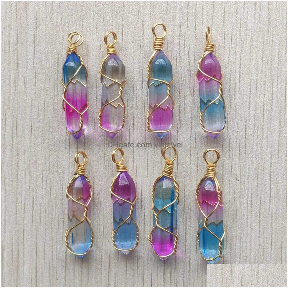 2 colors purple blue glass hexagon prism charms handmade copper wire pillar shape pendants for jewelry making