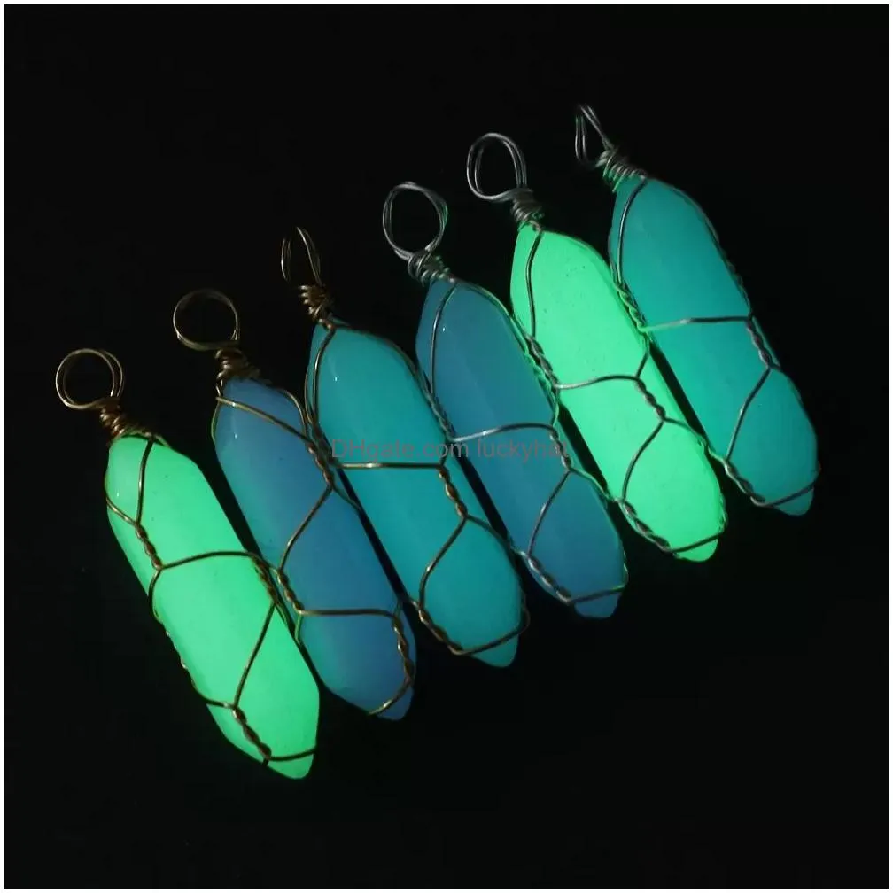 hexagonal cylindrical crystal stone necklace glow in the dark luminous wire wrap stones pendant necklaces jewelry gift for women men