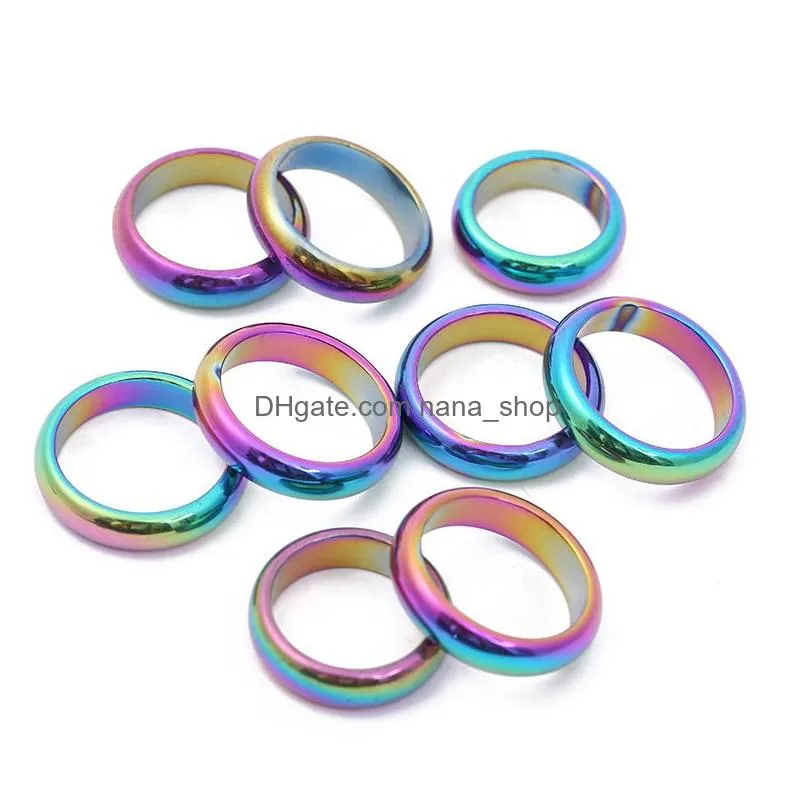 6mm band retro fashion hematite colorful ring jewelry width cambered surface rainbow color christmas present bijoux femme wholesale