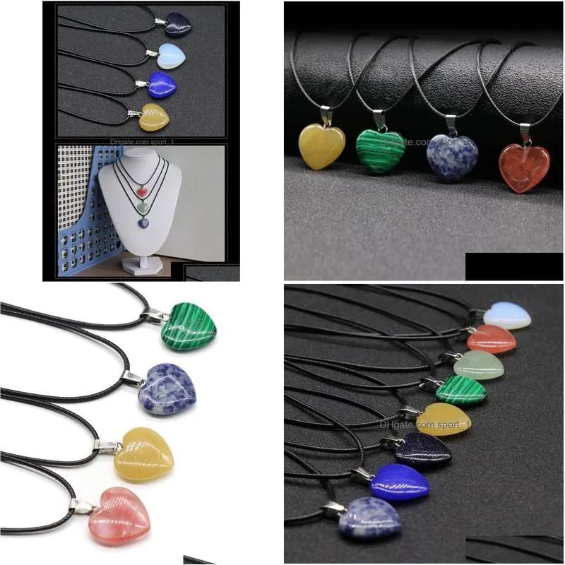 natural stone heart shape pendant necklace rose quartz healing crystal rope chain collar for women fashion jewelry