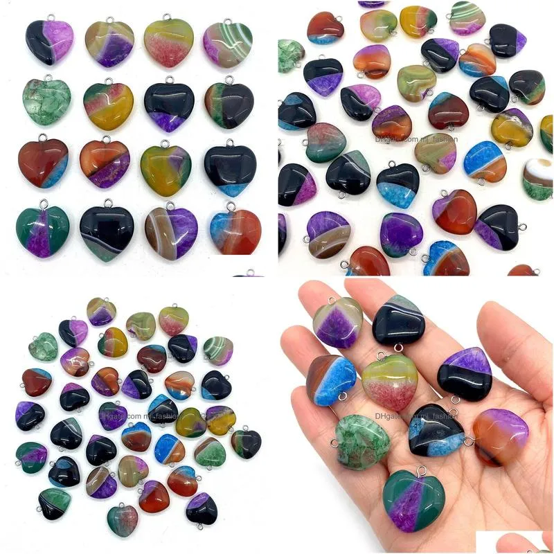 20mm rainbow stripped agate stone love heart charms pendants trendy for jewelry making wholesale
