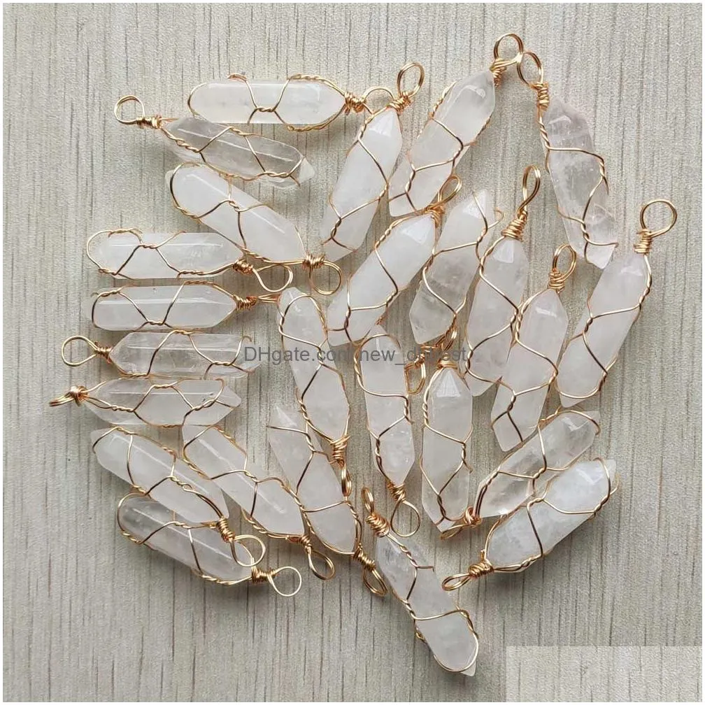 healing natural white crystal handmade charms silver golden iron wire pillar shape pendants for jewelry making