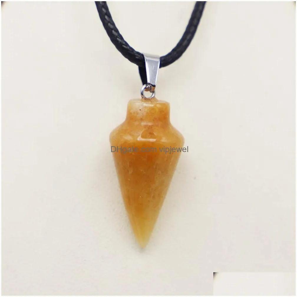 natural stone multicolor cone tapered pendant leather rope cord necklace healing minerals reiki charms fashion diy jewelry accessories