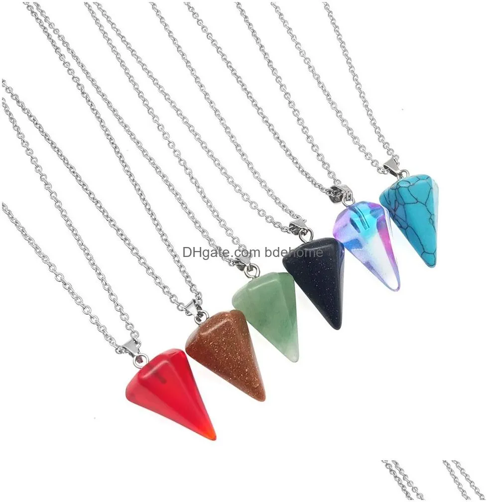 cone stone opal crystal pendulum pendant necklace chakra healing jewelry for women men stainless steel chain