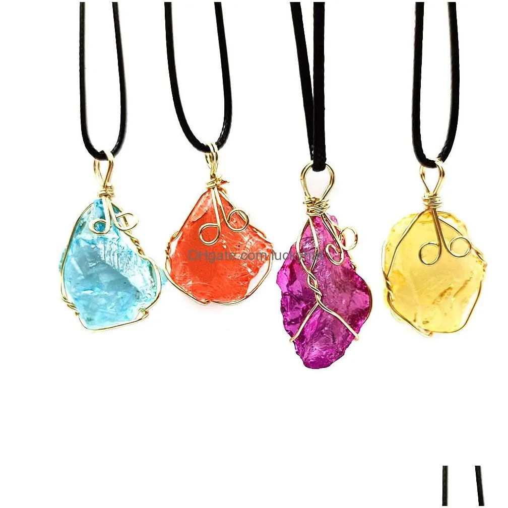 irregular electroplating color natural crystal pendant druzy druse wire wrap stone necklace for women