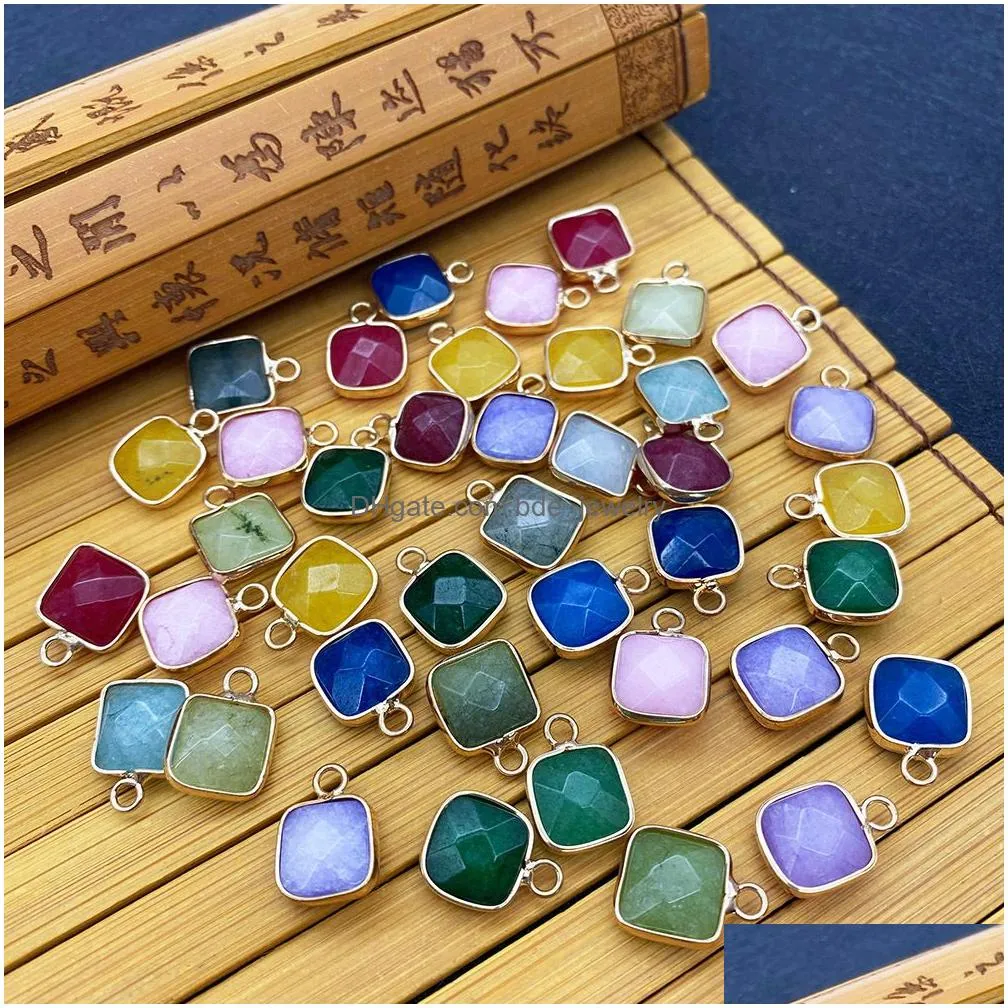 11x15mm gold bunding edge square natural crystal jade stone charms green blue quartz pendants trendy for jewelry making wholesale