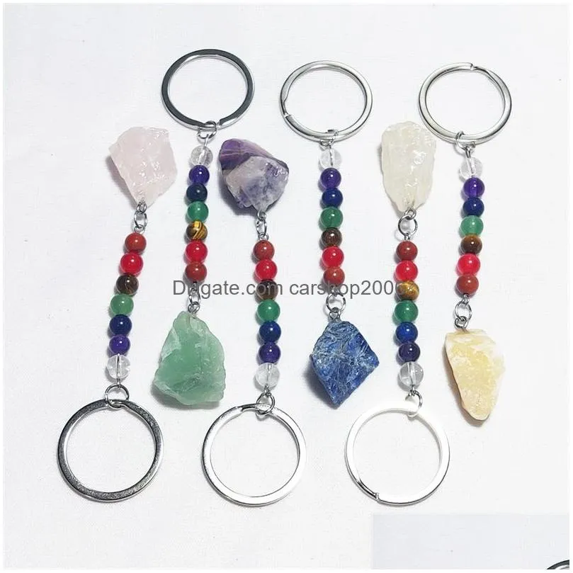 irregular raw ore stone key rings 7 colors chakra beads chains gem charms keychains healing crystal keyrings for women men 