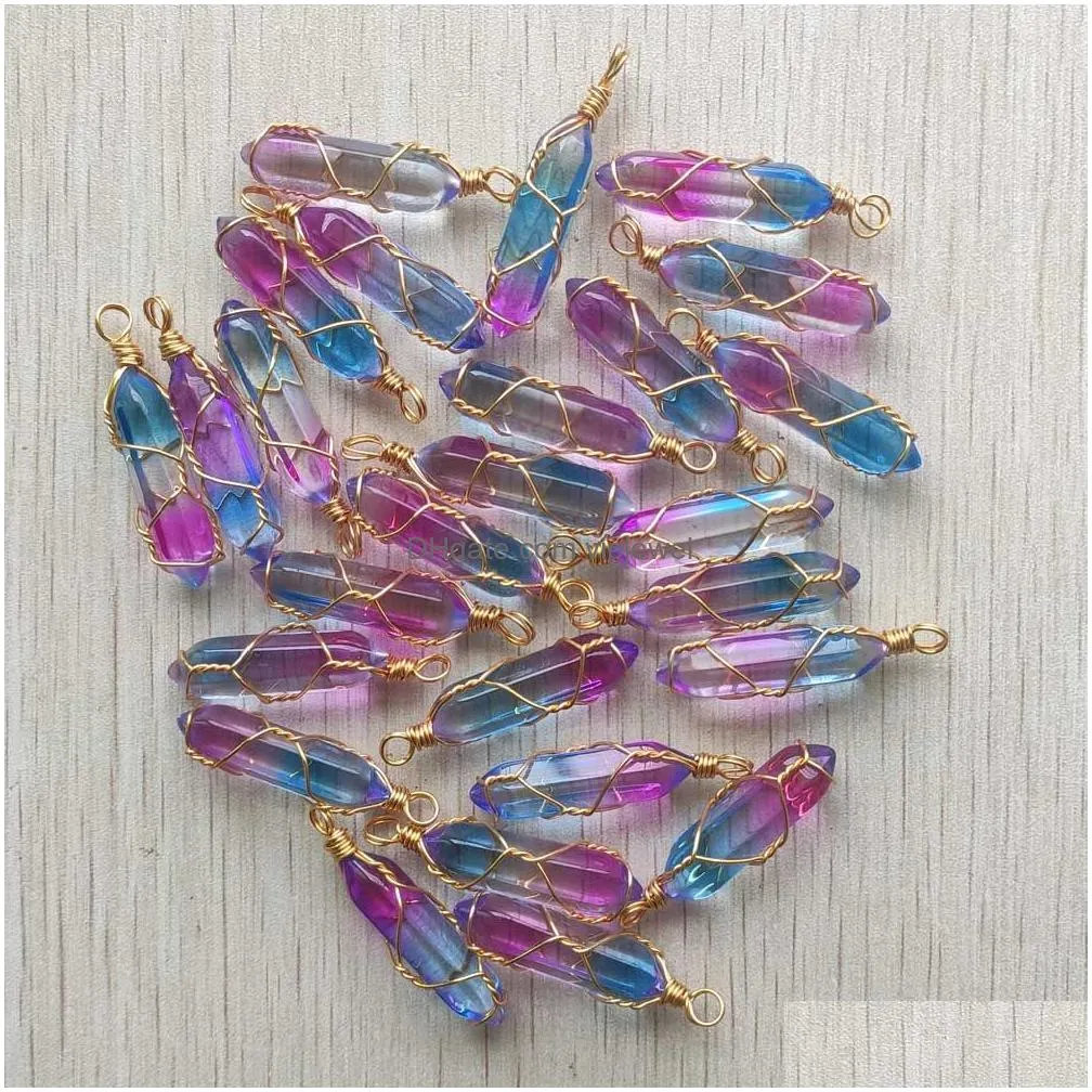 2 colors purple blue glass hexagon prism charms handmade copper wire pillar shape pendants for jewelry making
