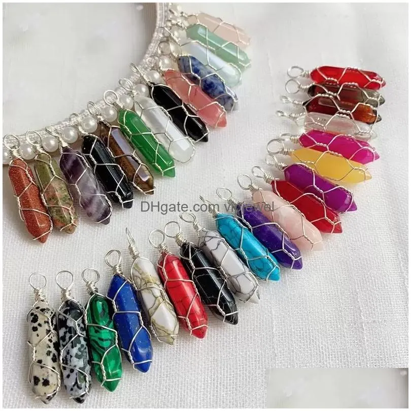 reiki healing jewelry multicolor natural stone pendant wire wrap hexagonal bullet amethysts quartz crystal pendulum chakra necklace