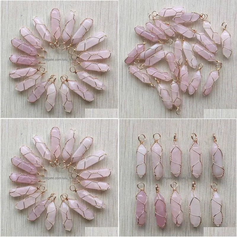 healing natural pink rose quartz stone crystal handmade charms gold iron wire pillar shape pendants for jewelry making