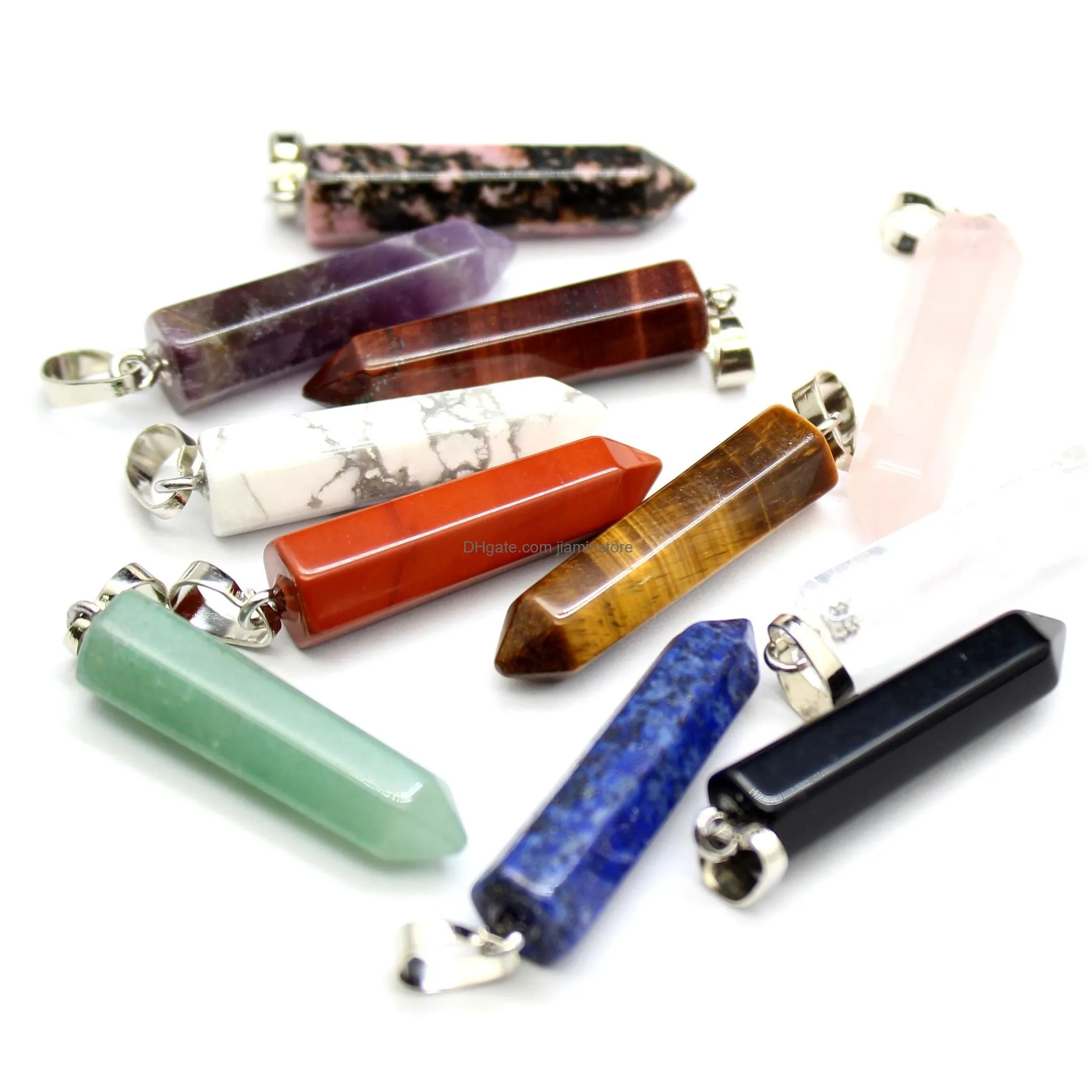 32x8mm hexagonal bullet natural healing crystal stone pendant rose amethyst quartz green aventurine charms jewelry making wholesale