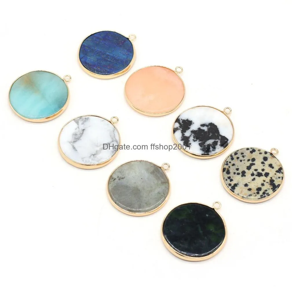 flat round healing labradorite semi-precious stone charms turquoise quartz crystal pendant diy necklace women fashion jewelry finding