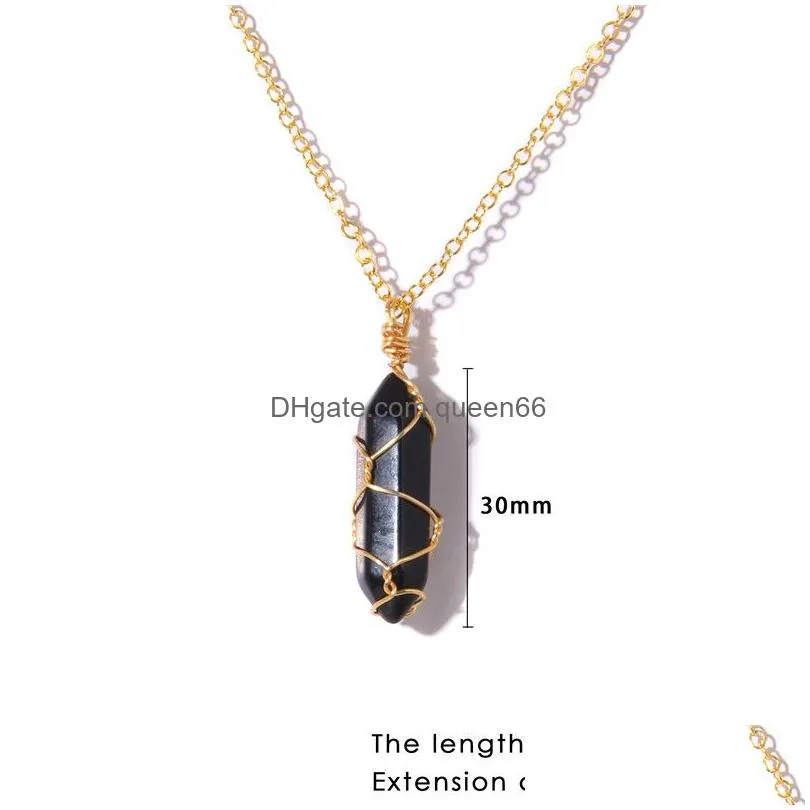 hexagonal pendulum pendant necklace reiki healing column necklaces natural stone gold wire wrap chain pendants for women men