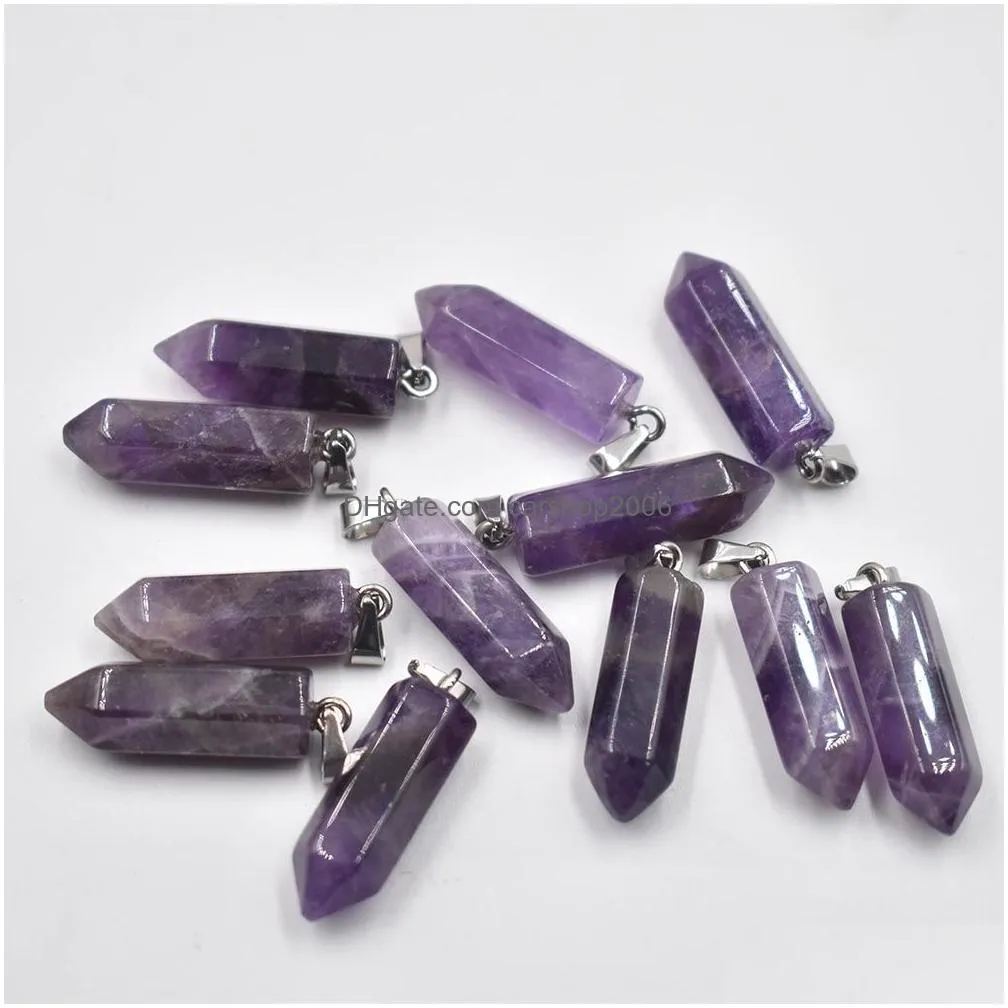 amethyst hexagonal pillar charms quartz crystal natural stone pendants for necklace earrings jewelry making 22mmx9mm