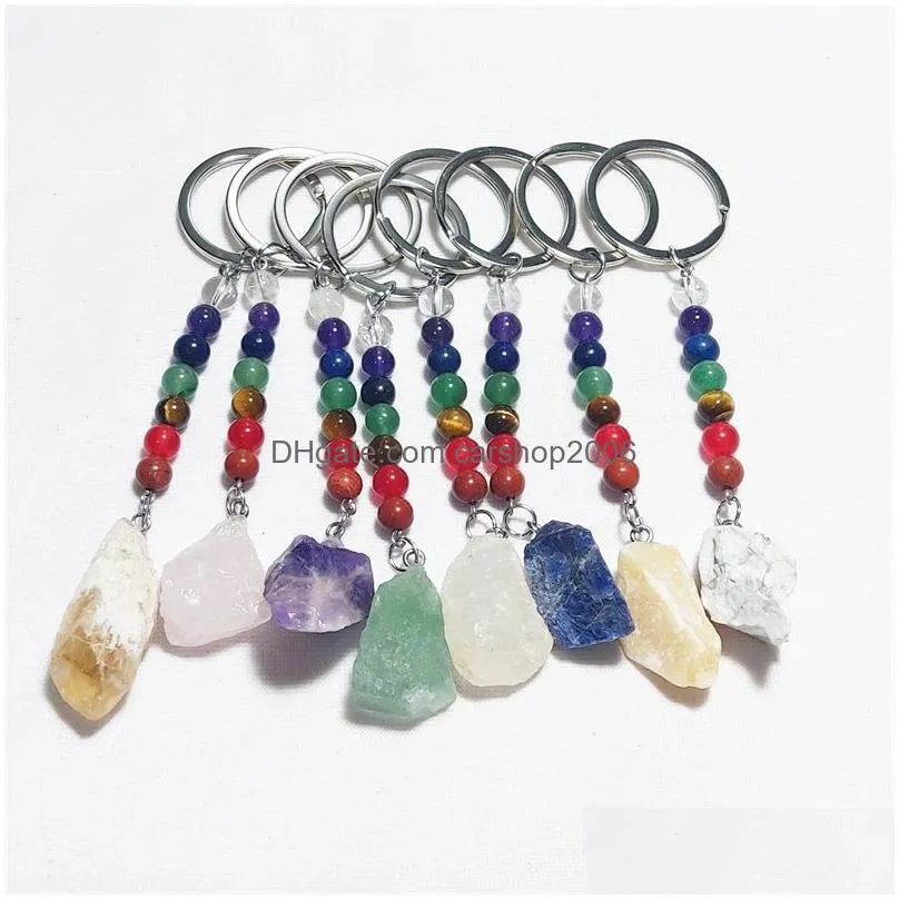 irregular raw ore stone key rings 7 colors chakra beads chains gem charms keychains healing crystal keyrings for women men 