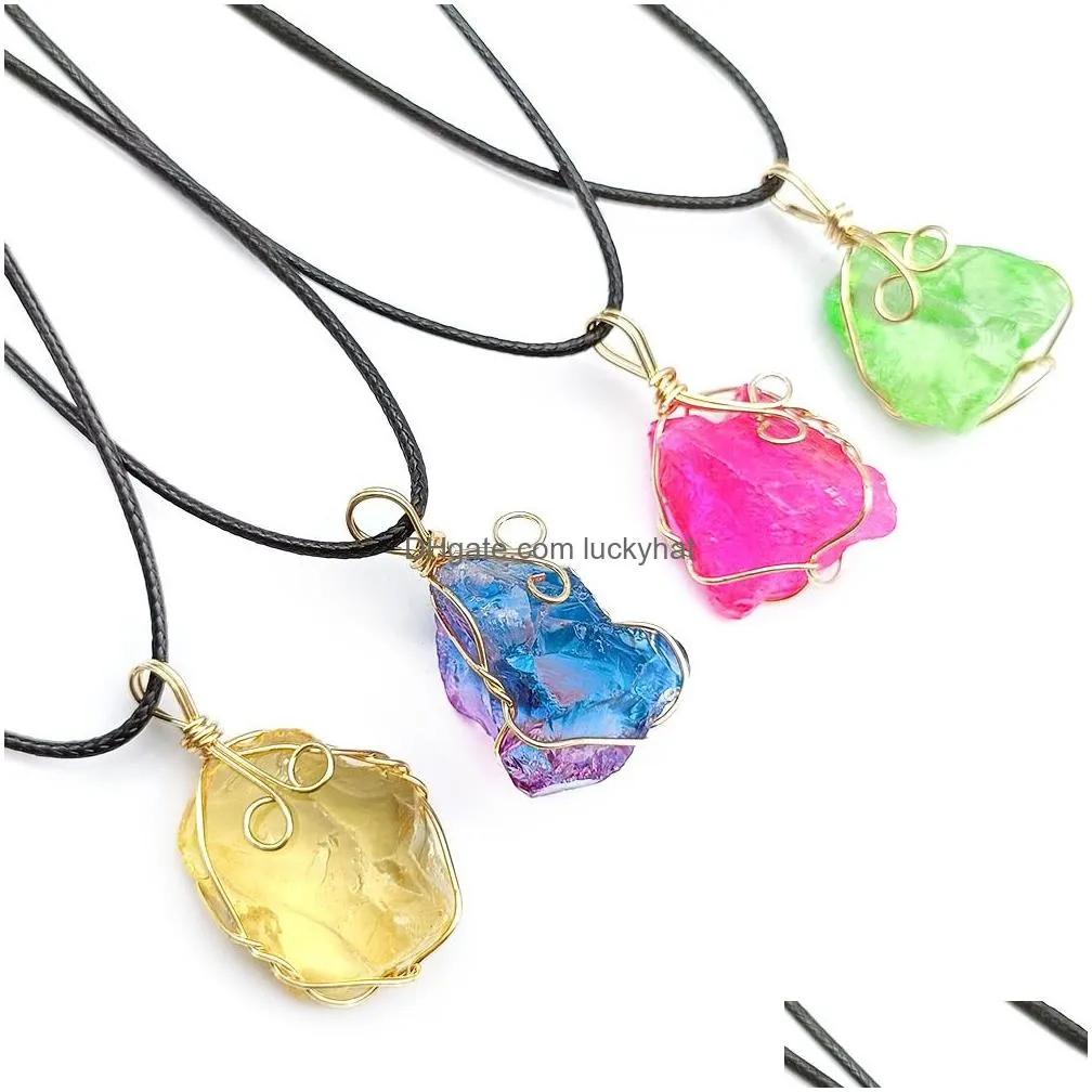 irregular electroplating color natural crystal pendant druzy druse wire wrap stone necklace for women