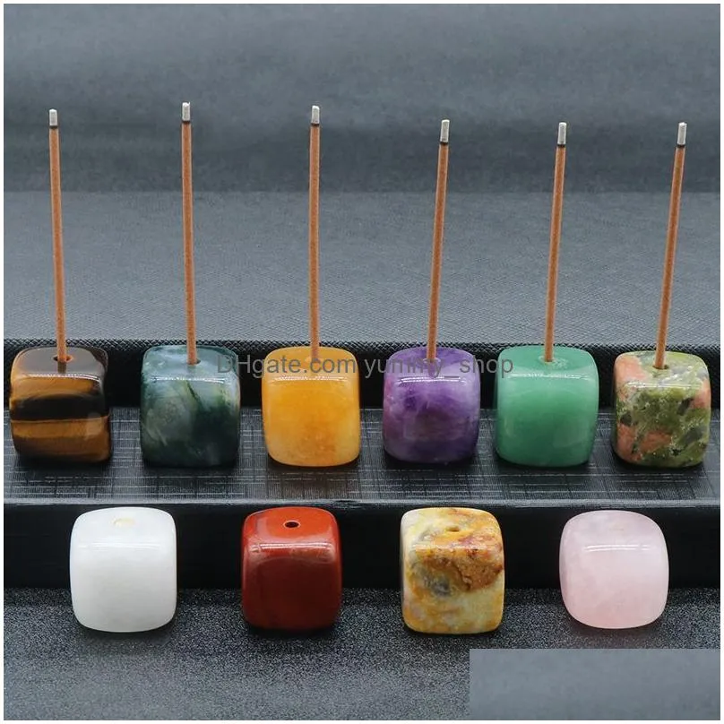 square natural healing stone gemstones incense stick base holder fragrant plug amethyst clear quartz tray