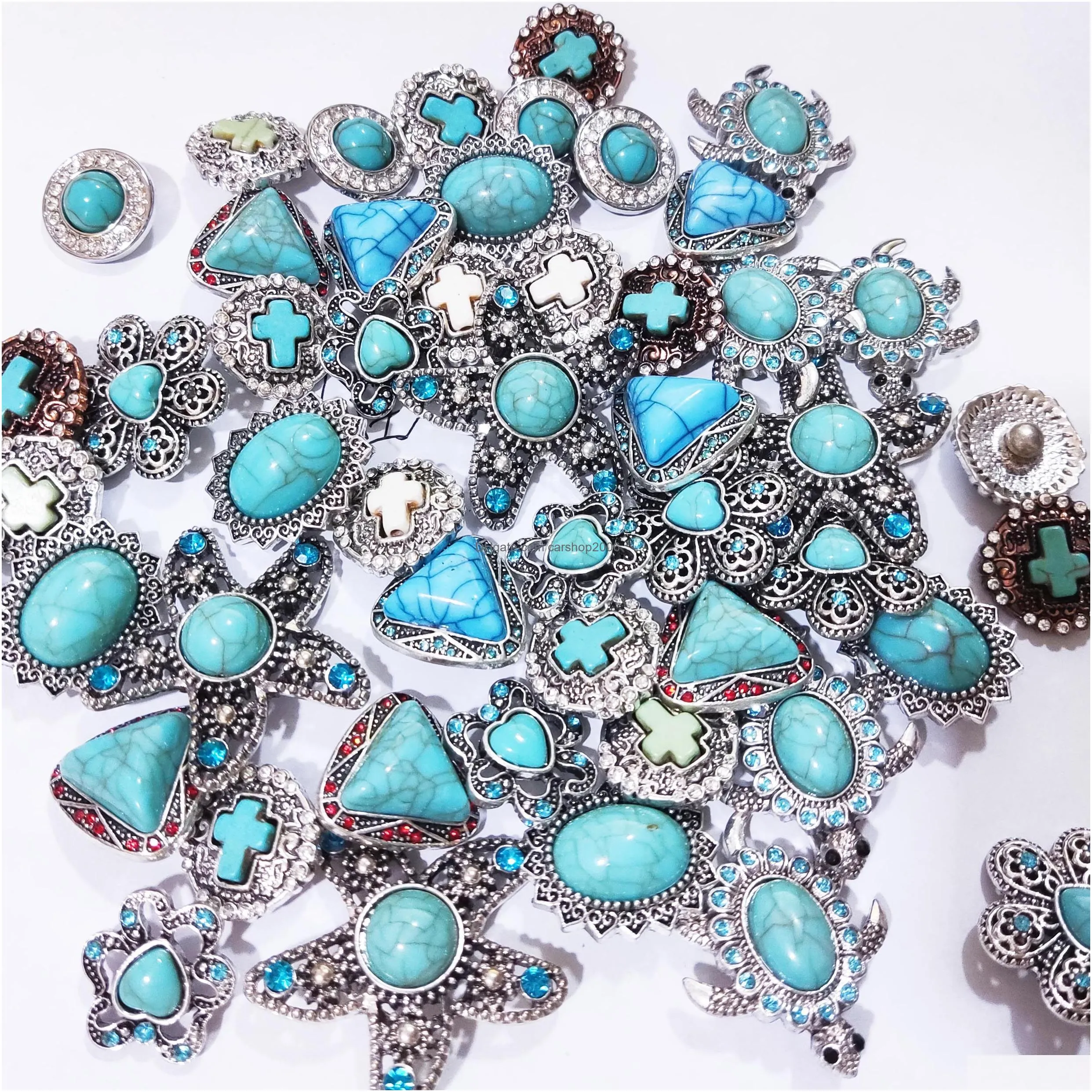 silver color turquoise paved alloy components 18mm snap button charms beads jewelry making diy necklace earrings bracelet supplier