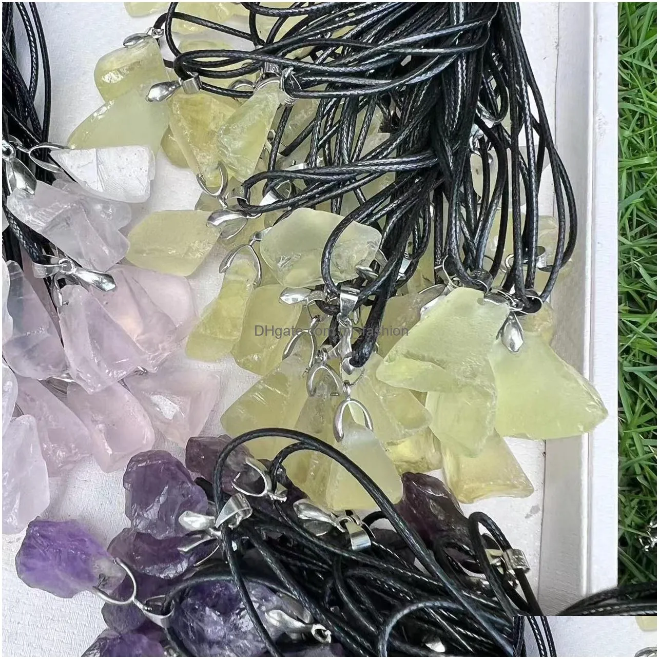 natural raw ore amethyst stone pendant lemon blue druzy charms leather rope necklace women trendy jewelry factory wholesale