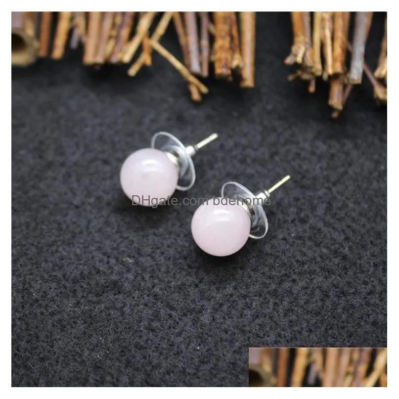 10mm natural stone stud earrings healing pink crystal rose quartz round ball beads ear jewlry for women