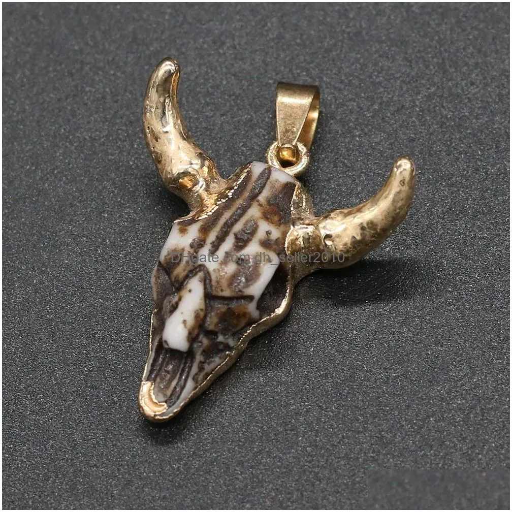 semi-precious stone acrylic ox cow bones head shape charms pendant finding for diy necklaces men punk women fashion jewelry 26x30mm