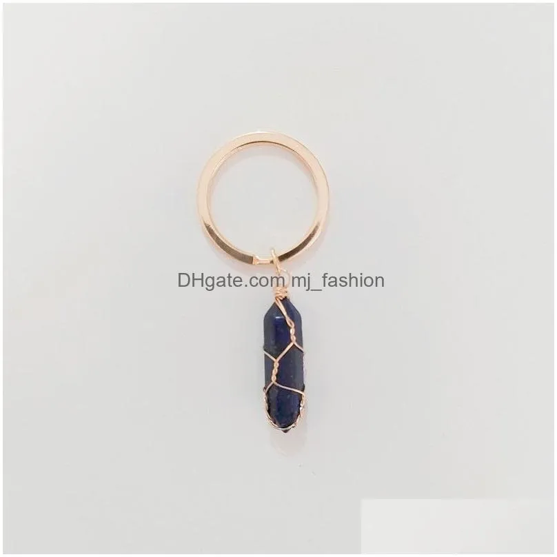 natural stone keychains hexagon wire wrap key rings silver gold color healing crystal car decor keyrings keyholder for women men