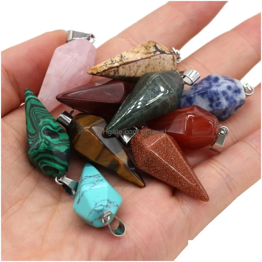 natural stone charms cone pendulum pendant green blue rose quartz healing reiki crystal finding for diy necklaces women fashion jewelry