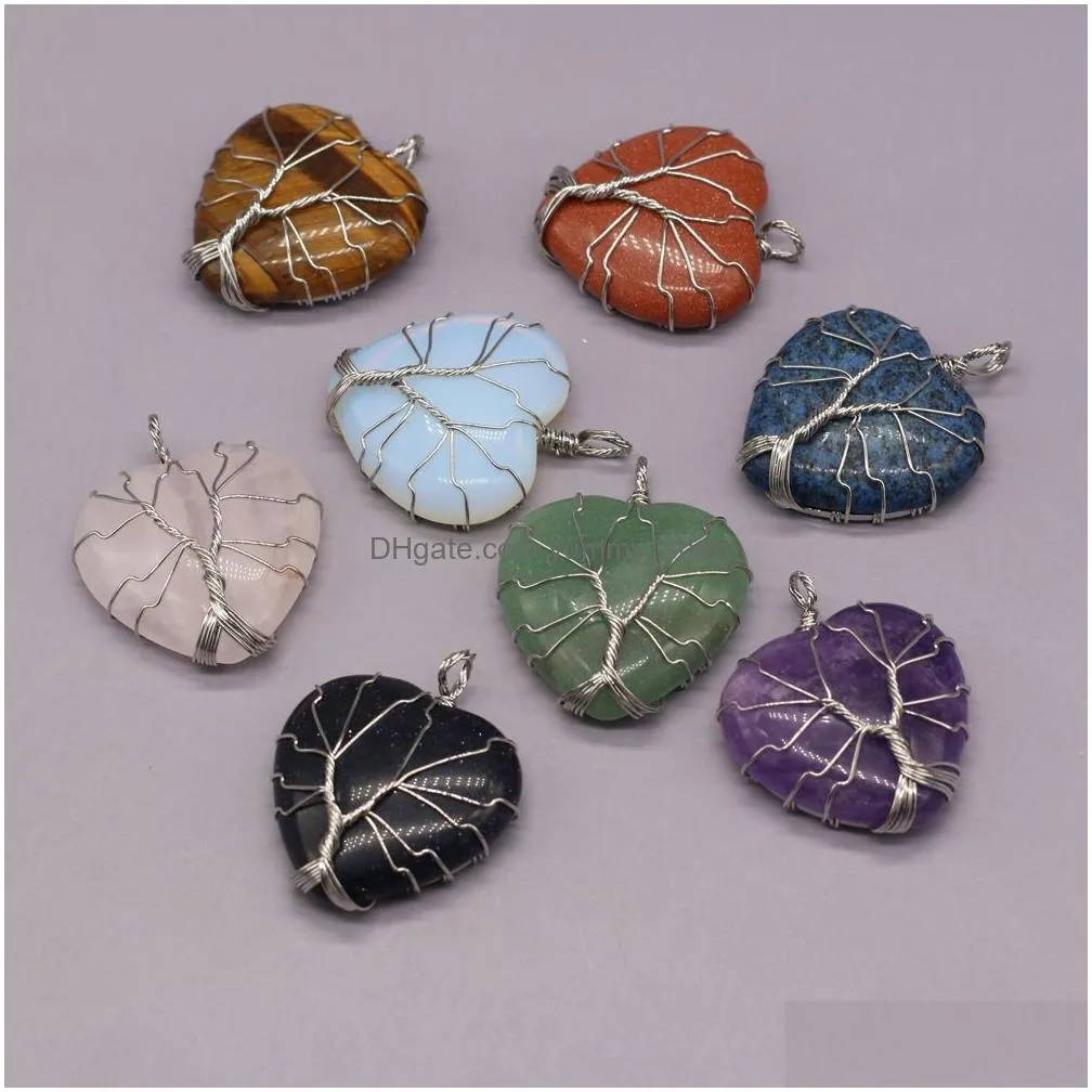 natural stone tree of life wire wrap heart charms rose quartz healing reiki crystal pendant diy necklace earrings women fashion jewelry finding