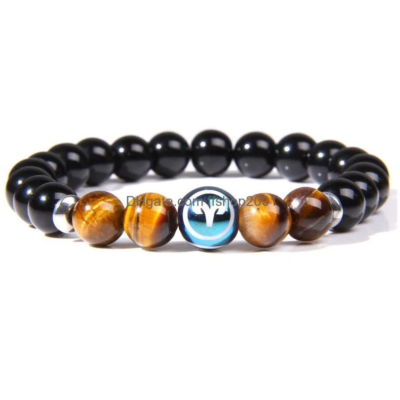 12 zodiac charm strands bracelet constellation signs tiger eye stone beads bracelets for women men couple horoscope fashion birthday