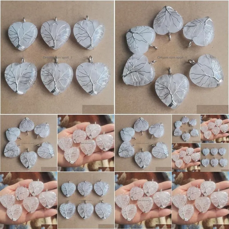 natural white crystal love heart charms handmade tree of life shape stone quartz pendants for jewelry accessories making wholesale