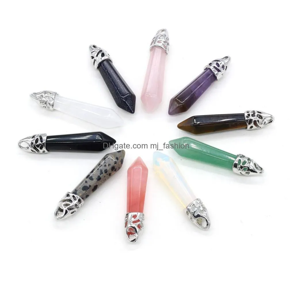 natural stone charms hexagon prism cone pendulum pendant rose quartz healing reiki crystal finding for diy necklaces women fashion jewelry