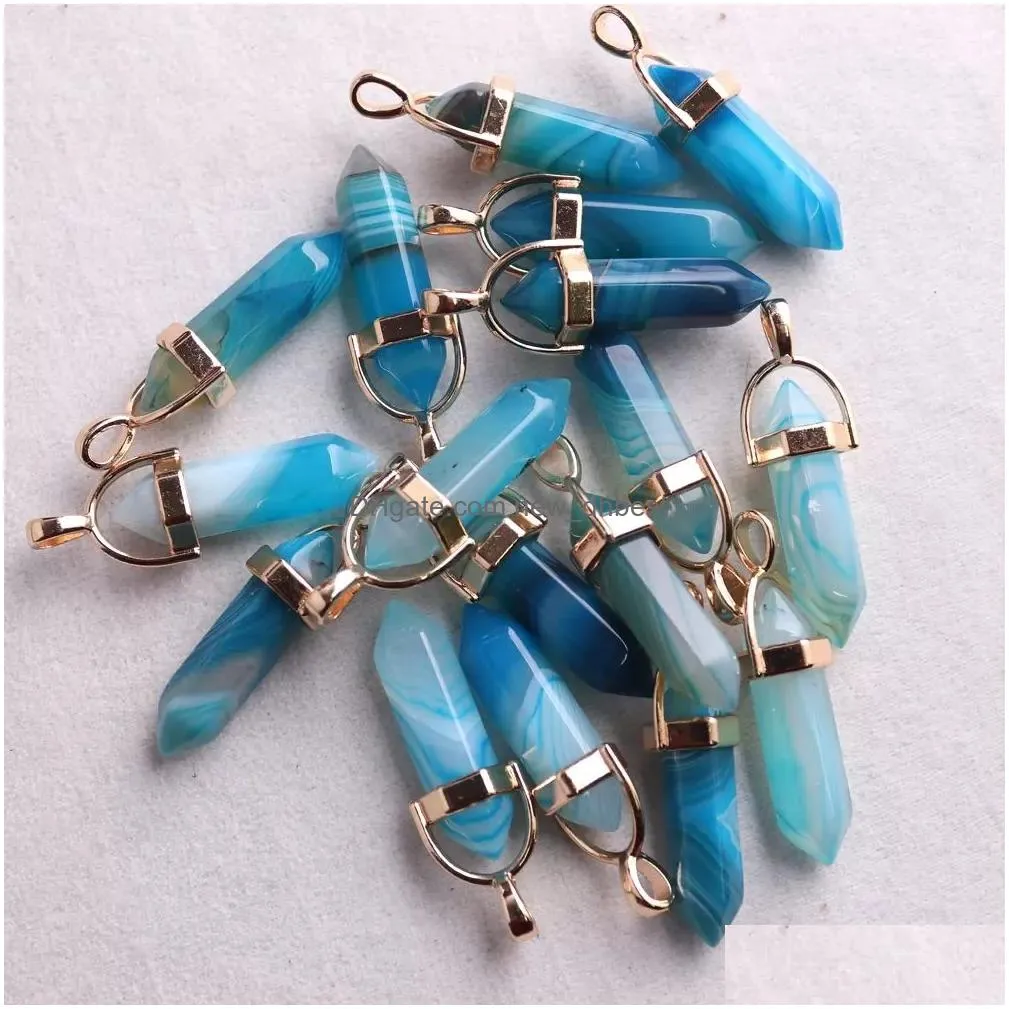 fashion stripe light blue pink onyx stone charms bullet shape point chakra gold pendants for jewelry making wholesale