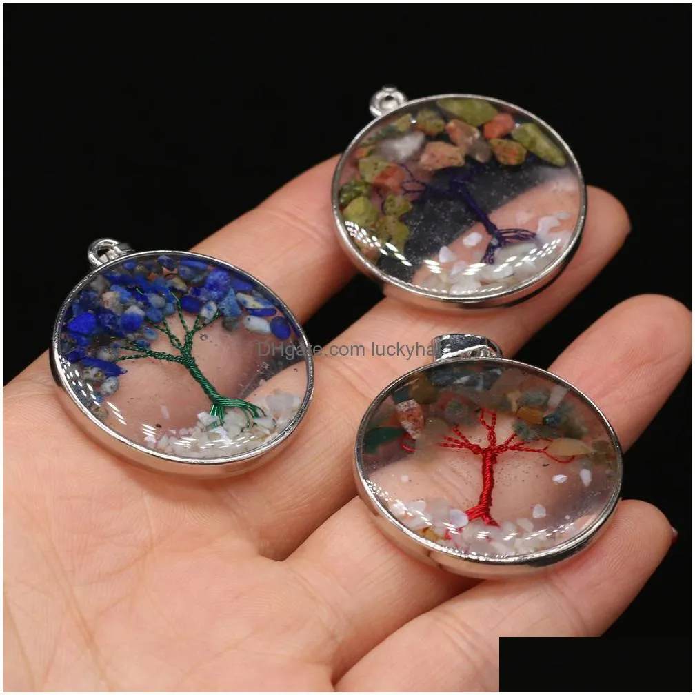 gravel natural stone tree of life pattern glass round charms rose quartz healing reiki crystal pendant diy necklace earrings women fashion jewelry