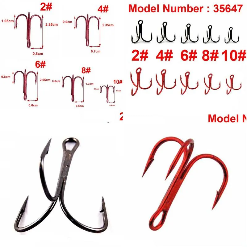 100pcs 35647 high carbon steel treble fishing hooks red black round bent triple hard lure spoon fishhooks