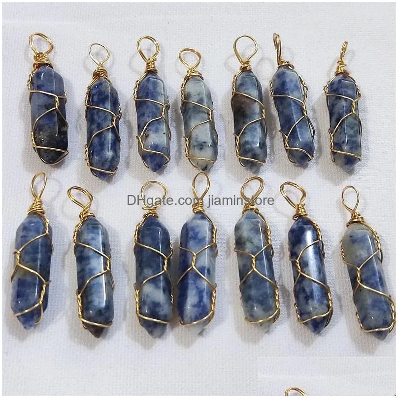 gold wire wrap natural stone charms rose quartz mixed pillar bullet shape point chakra pendants for jewelry making wholesale handmade craft