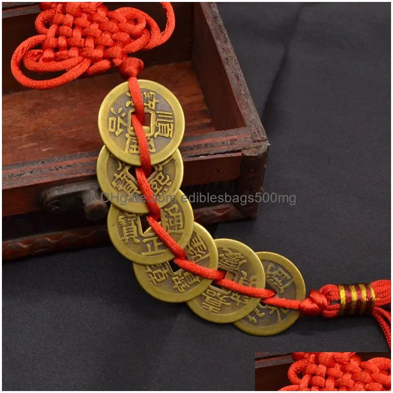 red chinese knot feng shui set of 6 lucky charm ancient coins prosperity protection good fortune home car decor