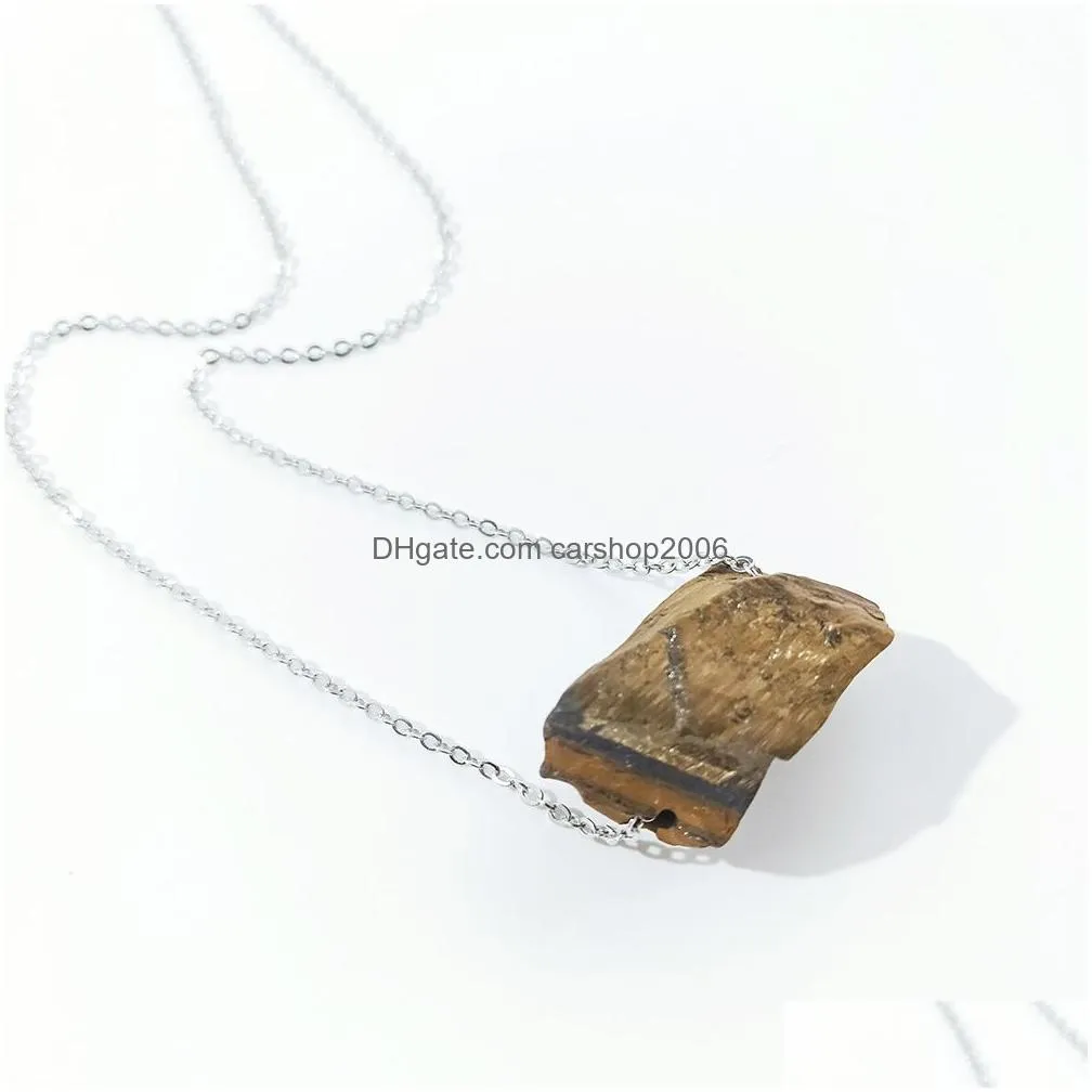 irregular natural crystal large rough stone pendant necklace for women men stainless steel chain