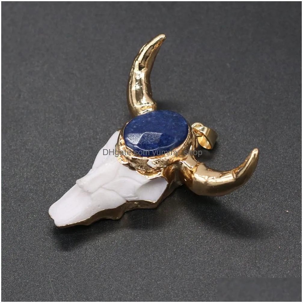 gold ox cow bones head shape quartz healing reiki stone charms crystal pendant finding for diy necklaces women fashion jewelry 46x46mm