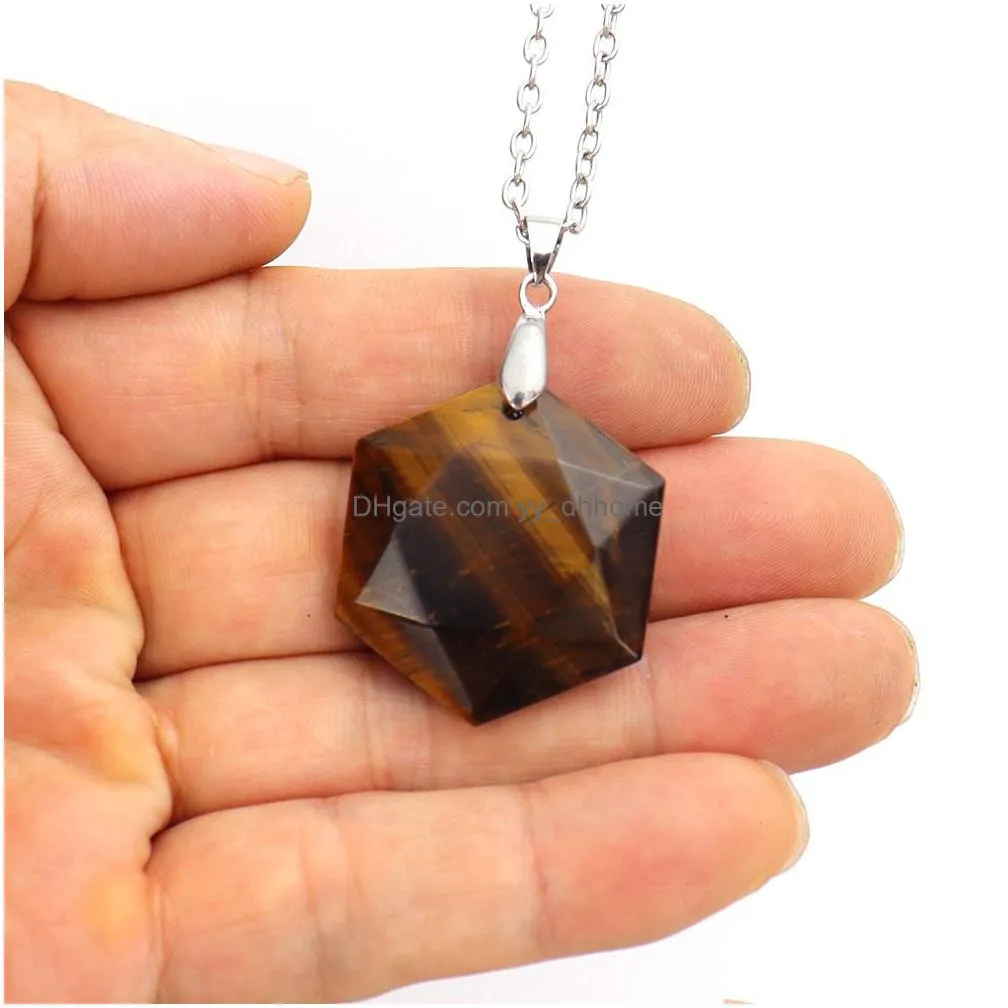 faceted hexagram shape natural stone pendant sweater chain necklace healing reiki wholesale