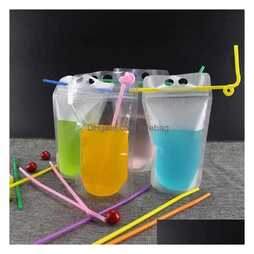 500ml transparent self-sealed plastic drink packaging bag for beverage juice milk coffee with handle and holes for straw