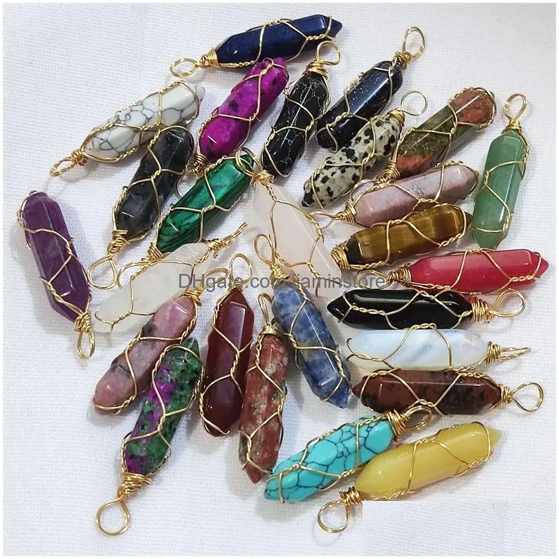 gold wire wrap natural stone charms rose quartz mixed pillar bullet shape point chakra pendants for jewelry making wholesale handmade craft