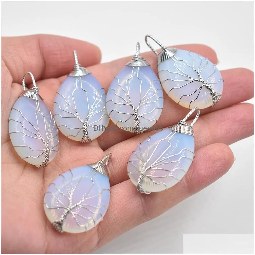 natural stone healing crystal tree of life charms pendants rose quartz wire wrapped trendy jewelry making wholesale