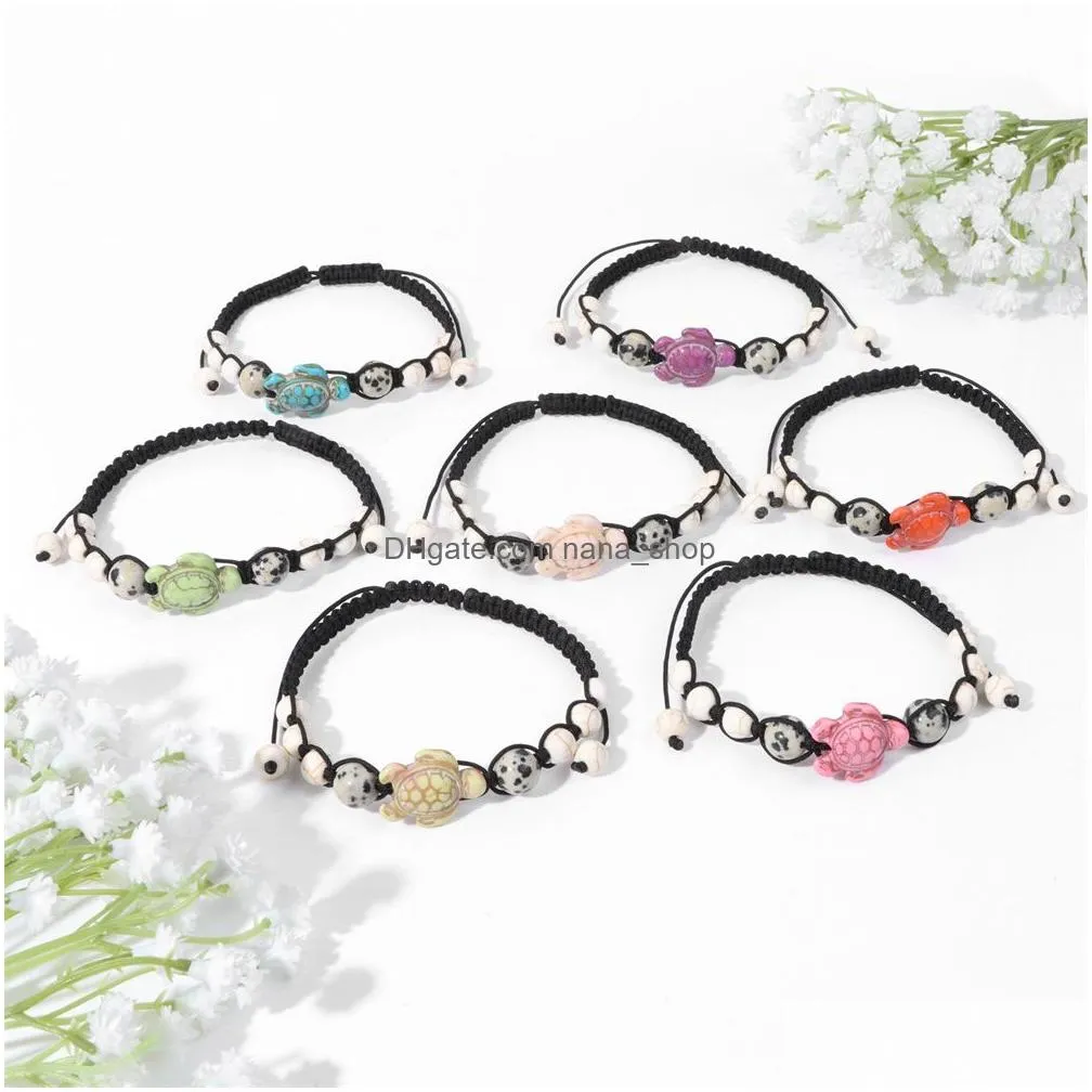 colorful turtle natural stone beaded bracelet adjustable braided black rope tortoise women bangle jewelry