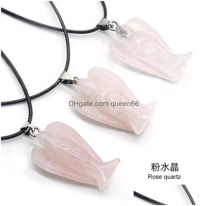 natural stone gem carved angel pendant rose quartz crystal jade onyx bead necklace healing guardian jewelry for women men rope chain