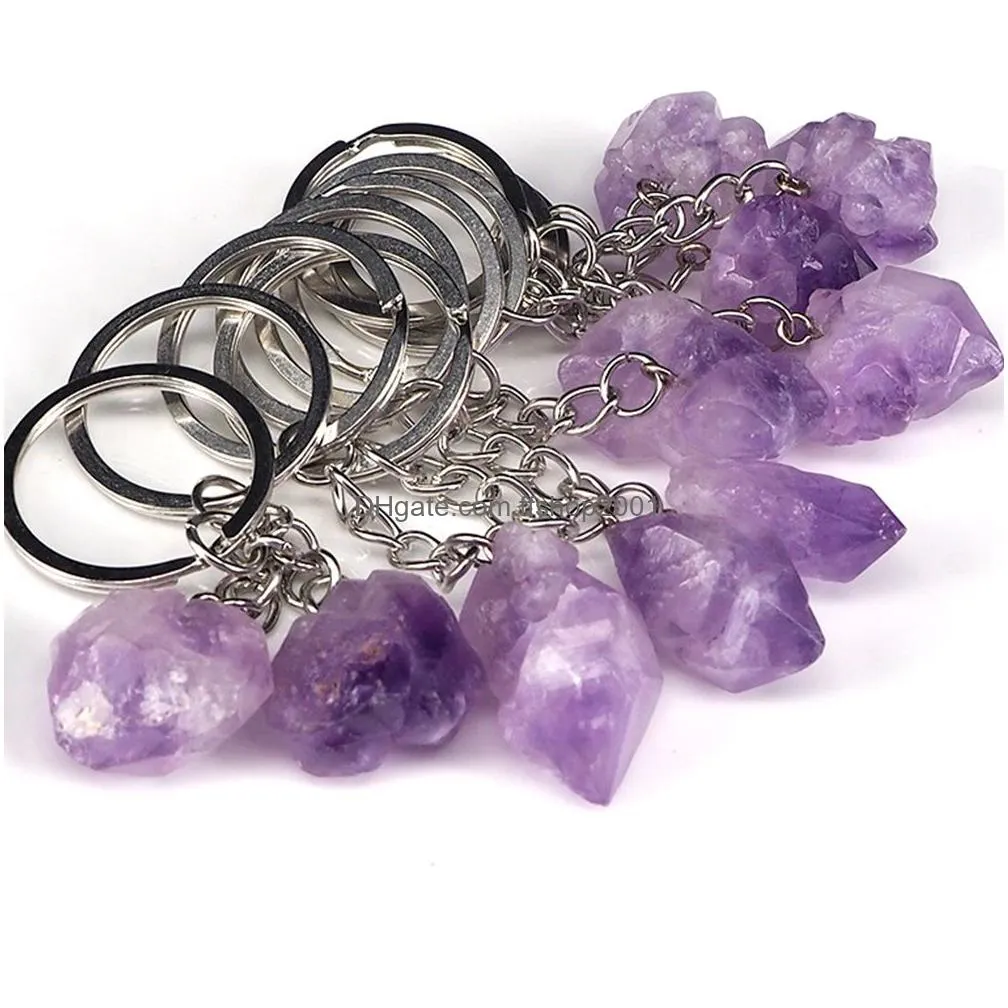 natural amethyst key rings rough stone keychains healing crystal mineral specimen handbag keyring pendant accessories