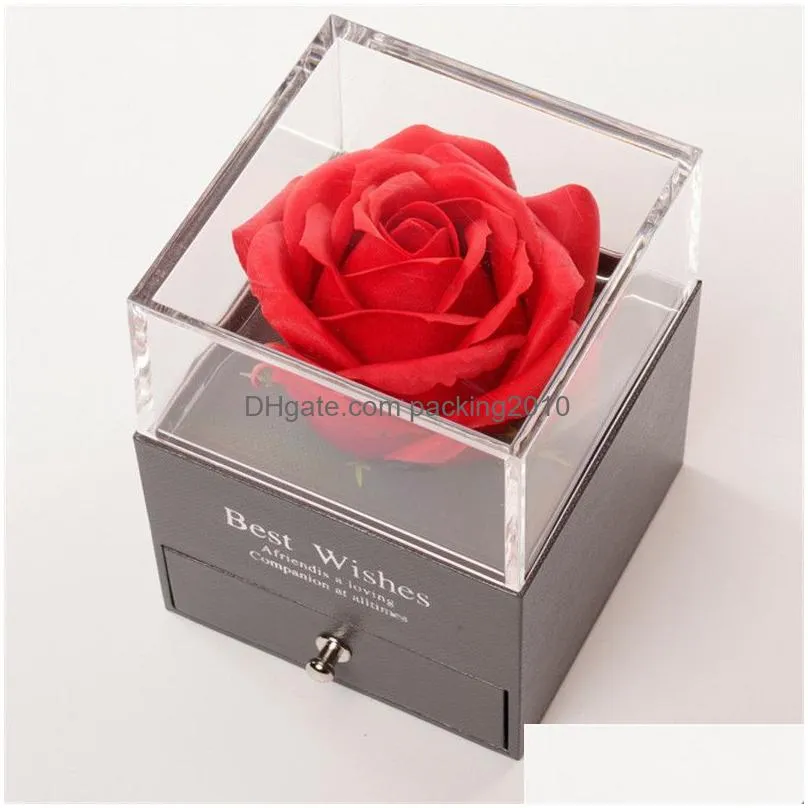 artificial soap rose flower acrylic jewelry box with tote bag for valentines day gift preserved eternal soap flower jewelry box