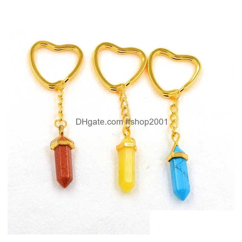 gold hexagon prism reiki healing natural stone keychains chakra amethyst pink rose crystal heart key rings keyrings women men jewelry