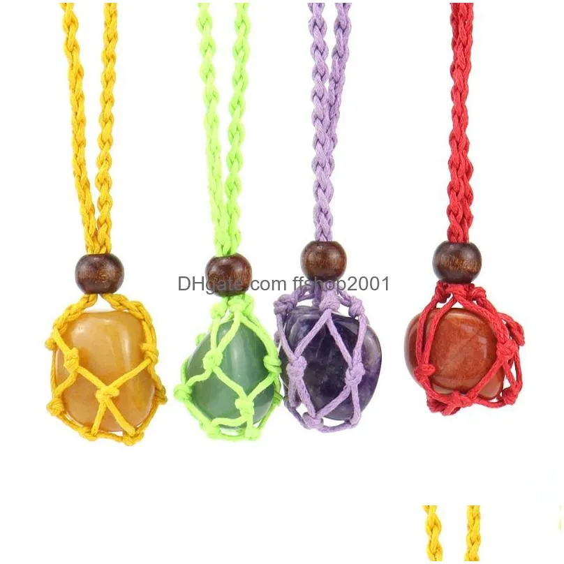 natural crystal stone quartz net pocket pendant necklace healing reiki hangings craft with weave rope wholesale