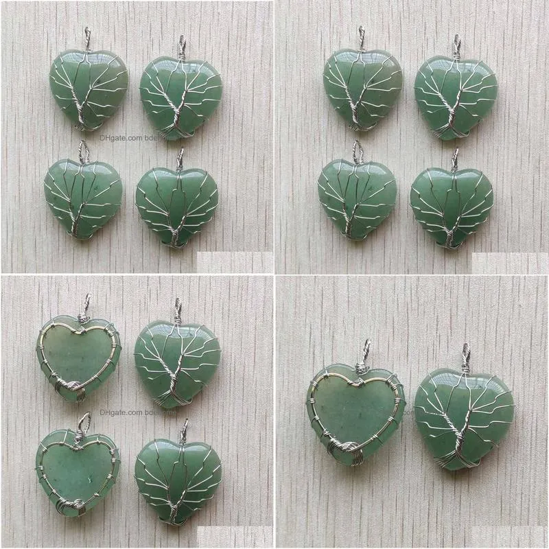 natural green aventurine stone charms tree of life silver wire wrapped love heart pendants for necklace jewelry marking wholesale